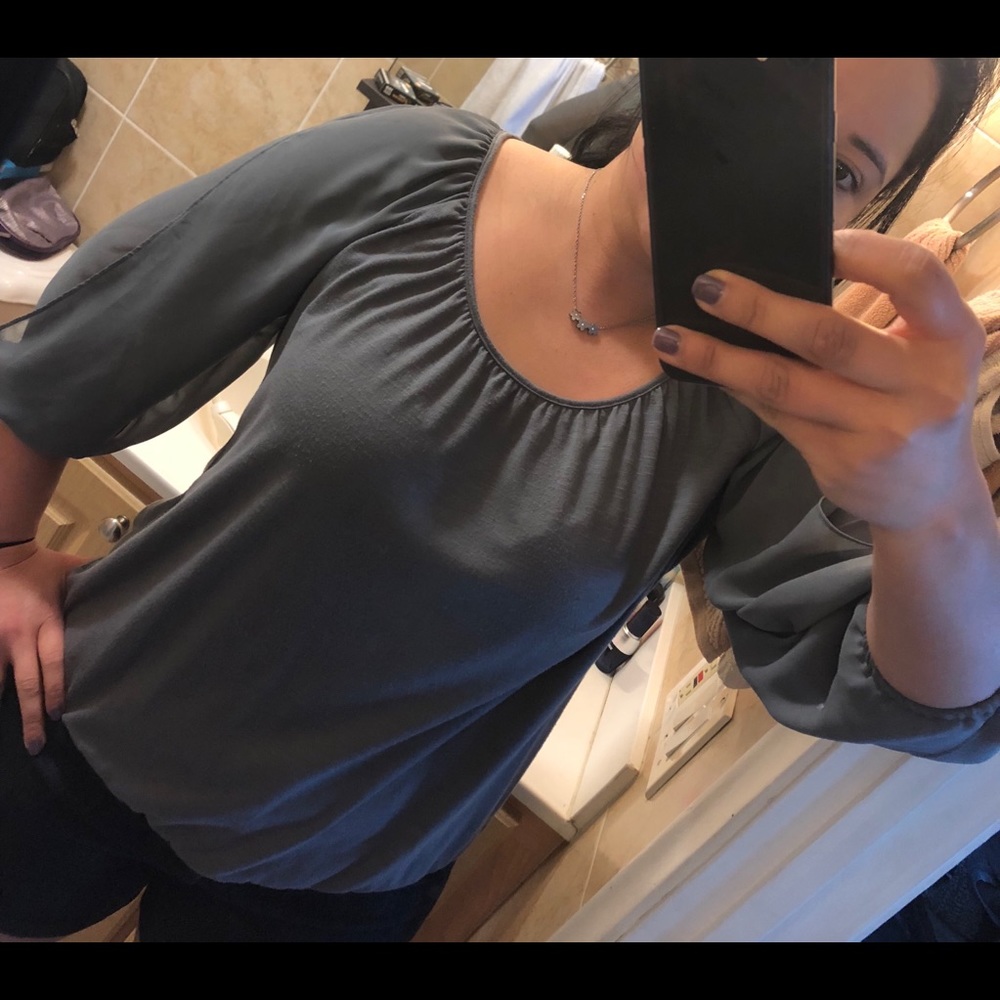 Gray blouse with sheer long sleeve
